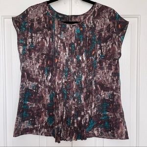 Talbots Women's size 16P Brown Pleated Cap Sleeve Round Neck Modest Career Top